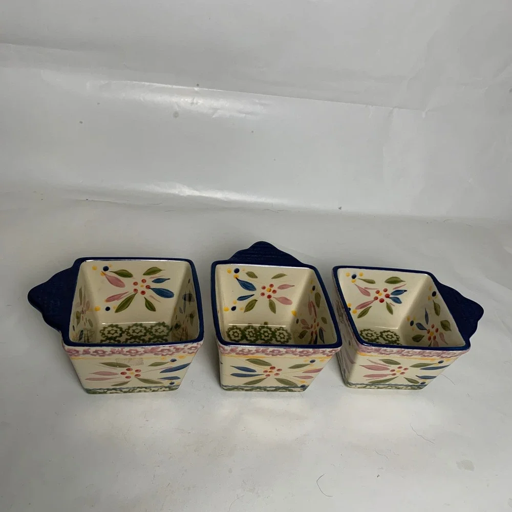 Temp-tations Ramekin Set 3 Old World Floral Square 10oz Ceramic Blue EUC
